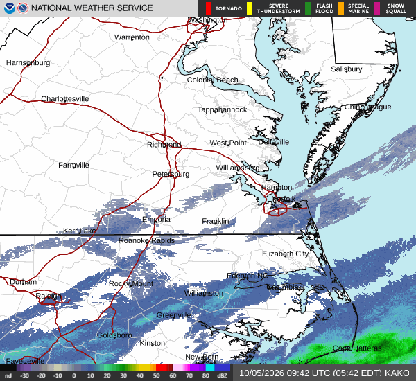 National Weather Service radar image for the lower Chesapeake Bay and Chesapeake Bay Bridge-Tunnel region